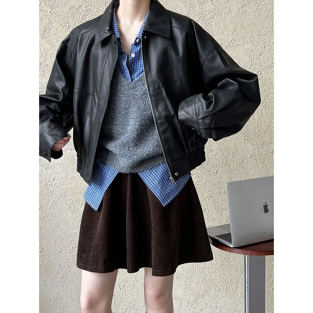 

Luxi port wind leather coat coat women 2025 spring new loose short PU motorcycle leather jacket jacket 9701