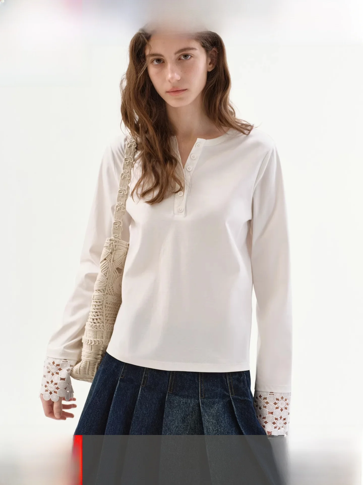 

Fano Spring Long Sve T-irt Women's Loose Henry Collar Patchwork Cotton Lenzing Hemp Blend Commute Sle Pure Color