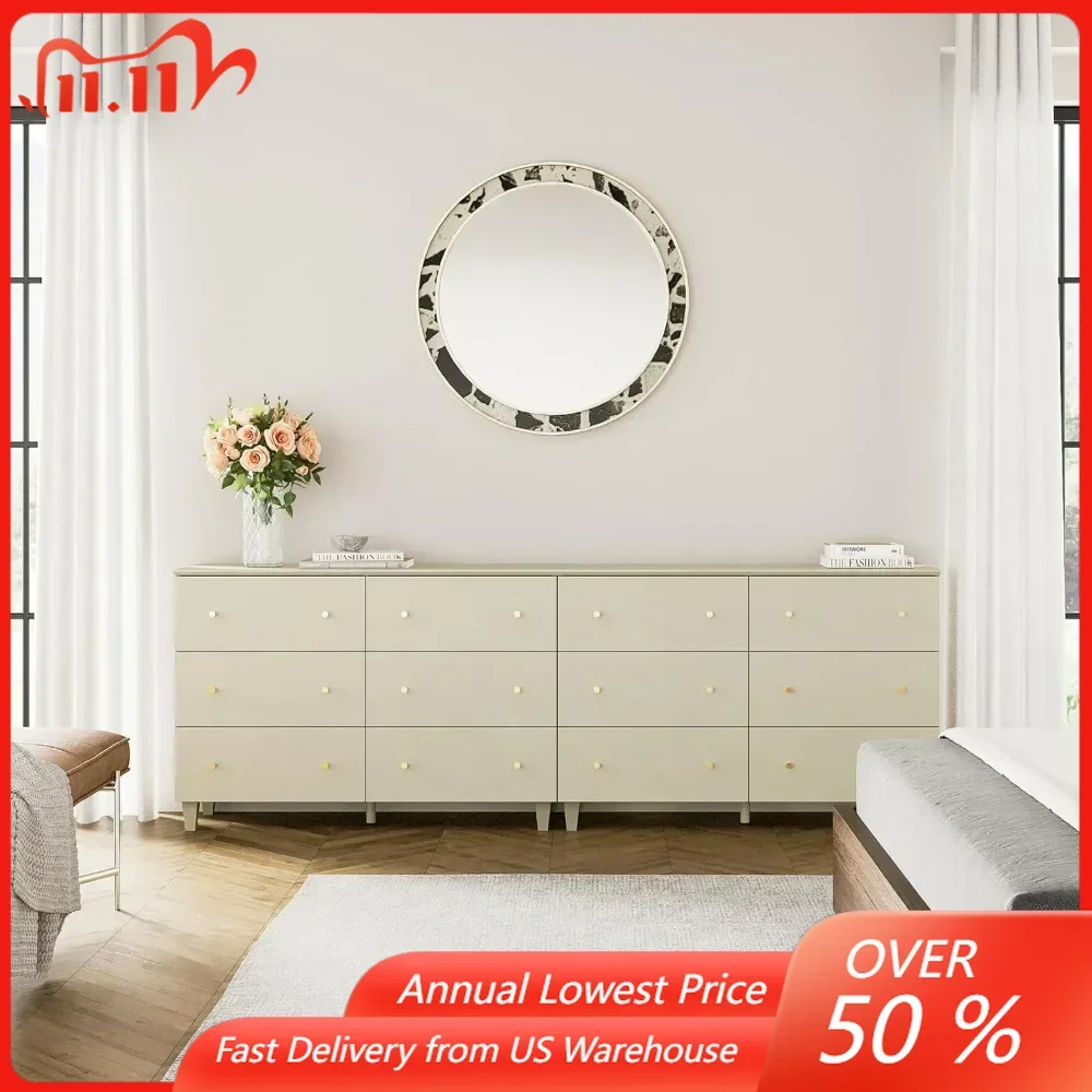 

Set of 2 Bedroom Dressers with 12 Drawers, 2-in-1 Wide Chest of Drawers, Modern Storage Organizer with Solid Wood Legs, Beige