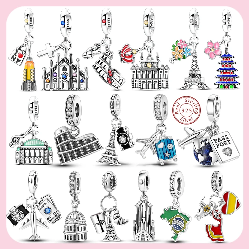 Original Charms Bead Pendant 925 Silver Tourist Architecture Eiffel Tower Airplane Charm Fit Bracelet Women Man DIY Jewelry Gift