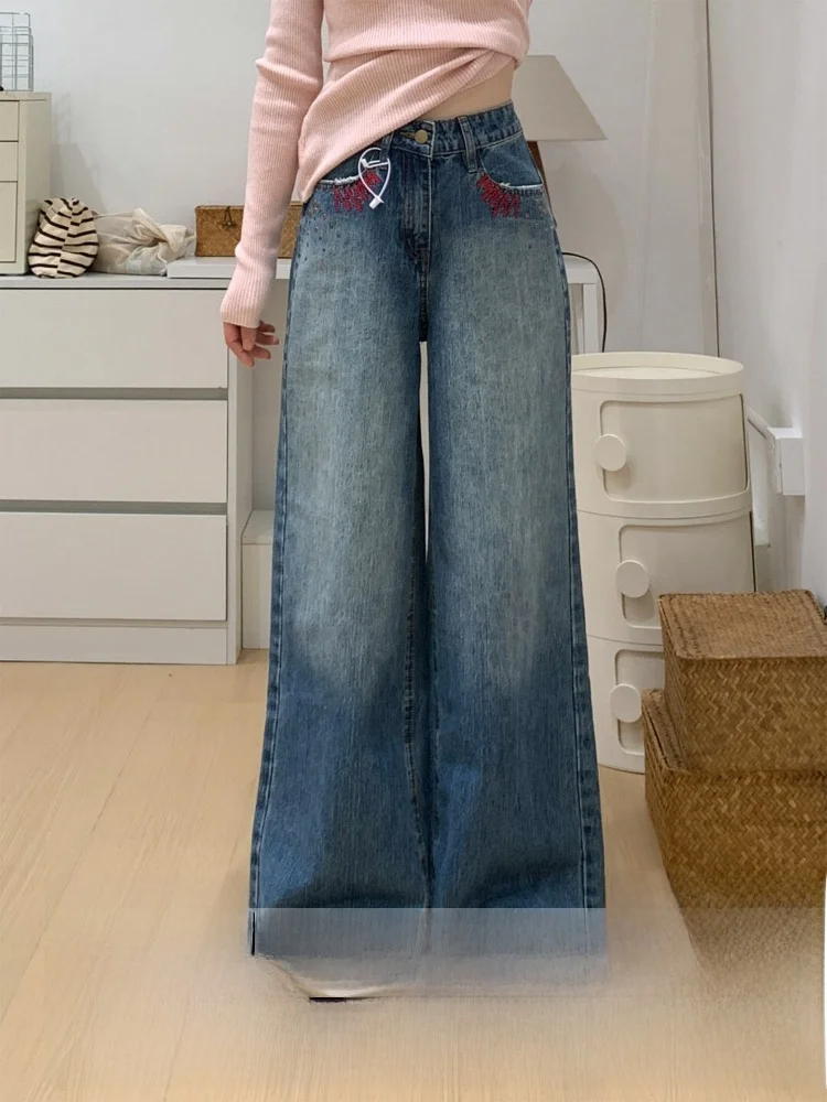 Retro Embroidered ket Denim Pants Women's Fall Winter Loose Wide Leg Jeans Pear ape Body High Waist Straight Cut