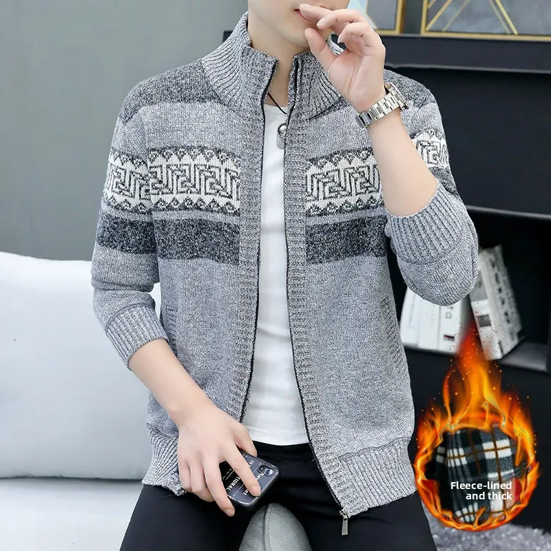 

Мужской вязаный кардиган с длинными рукавами, на флисовой подкладке, повседневный свитер с воротником-стойкой, универсальная теплая верхняя одежда на осень-зиму