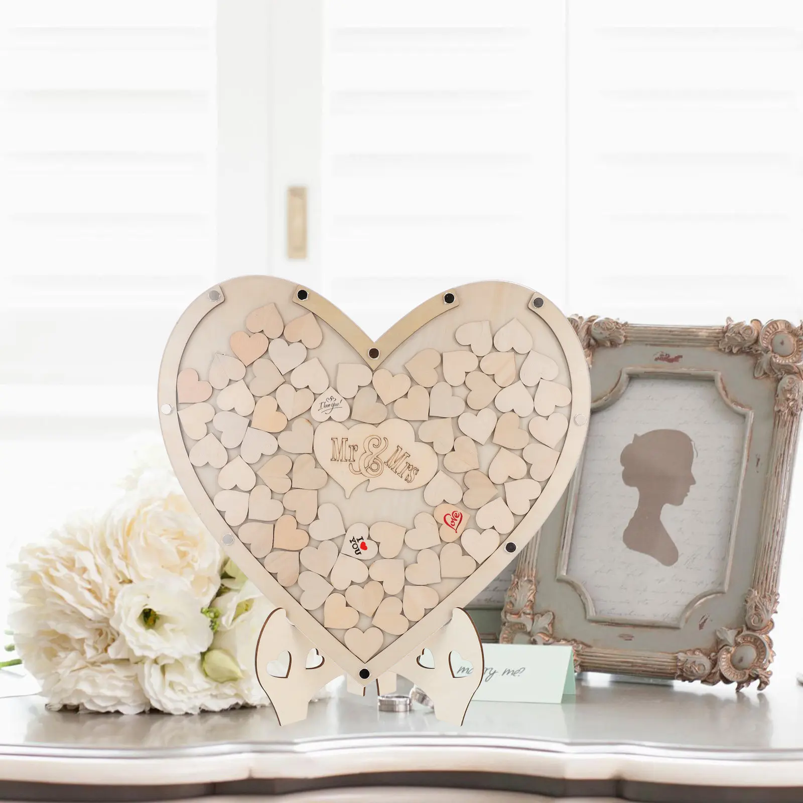 

1Set DIY Heart-Shaped Wedding Signature Storage Rack Wooden Rustic Guest Book Alternative Stand Romantic Wedding Prop Decor Gift