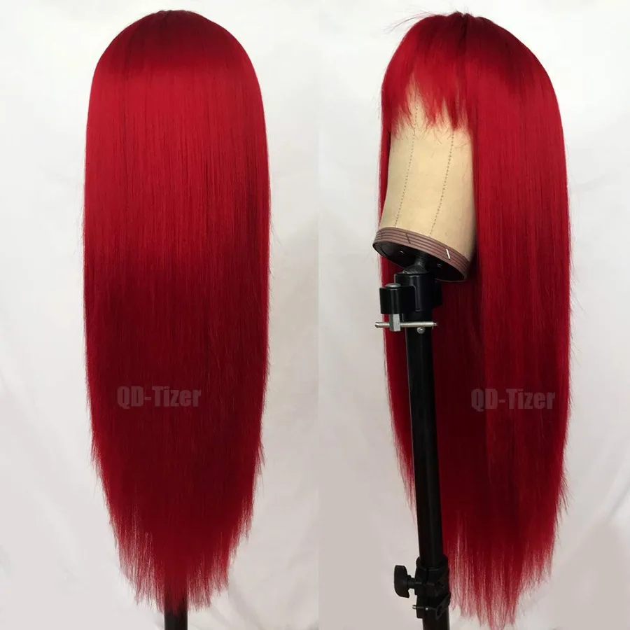 QDTizer Rote Farbe, lange, seidige, gerade Perücken mit Pony, synthetische Perücke ohne Spitze, für modische Frauen, hitzebeständig, natürlich aussehend