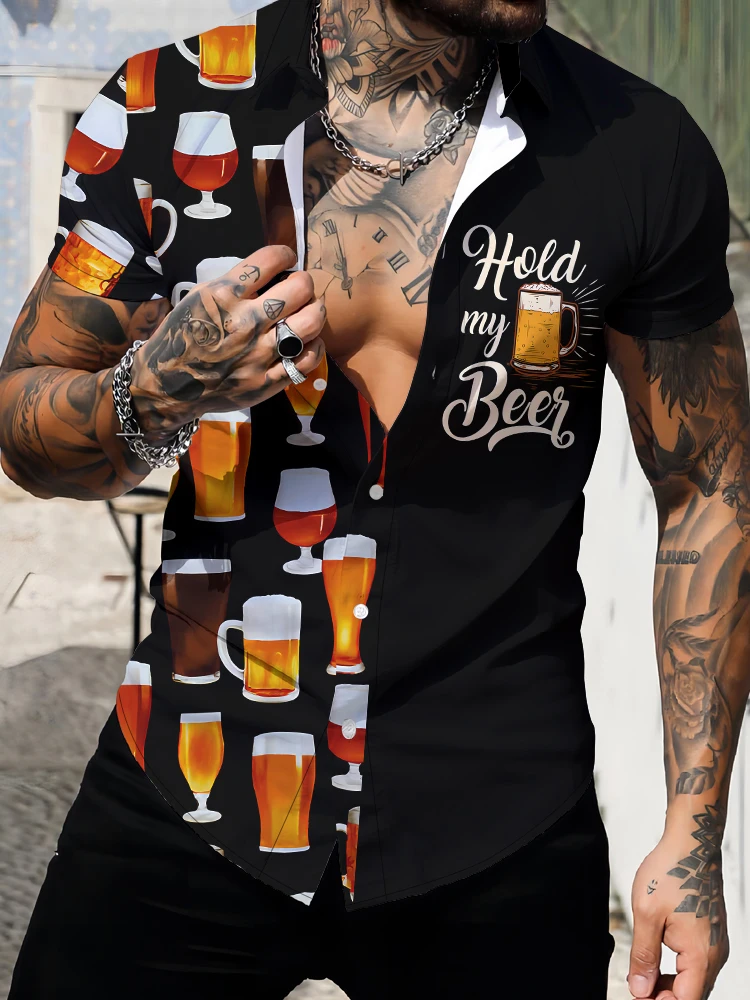 

Summer men's shirt beer 3D digital printed lapel short-sleeved shirt fashionable versatile shirt loose comfortable shirt