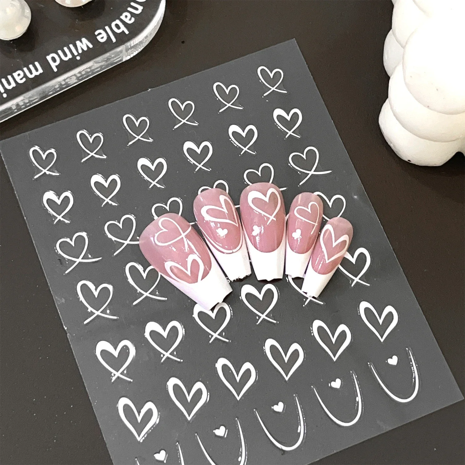 Liefde Hart Nail Art Stickers Set 3D Zwart Wit Roze Lijnen Franse Nagels Decals DIY Zelfklevende Slider Manicure Decoraties