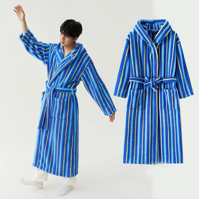 

Новый зимний утепленный фланелевой мужской длинный халат в полоску, одежда для сна, теплый халат из кораллового флиса, домашнее платье, ночная одежда, домашняя одежда