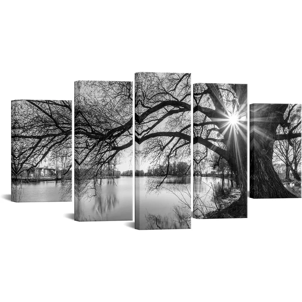 

5 Pieces Wall Art, Picture Canvas Prints Sunrise Painting Black and White Landscape Canvas Art Modern Wall Decoration Framed