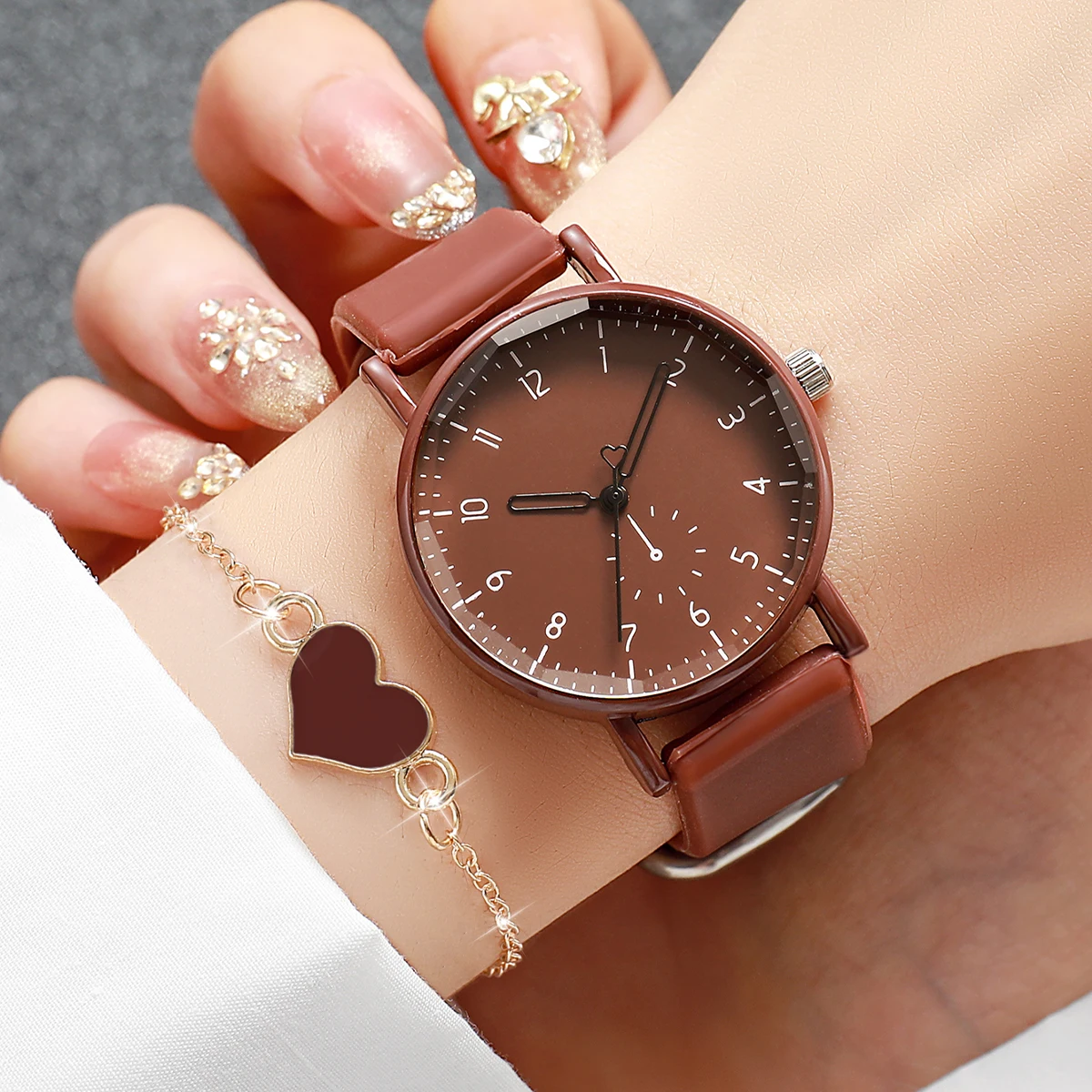 2PCS Fashion Women Watches Heart Bracelet Set Casual Arabic Dial  Silicone Band Quartz Wristwatch Reloj Mujer (Without Box)