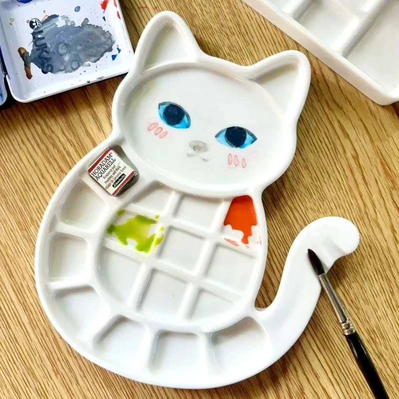 Cute Cat Ceramic Color Palette Cat Star Paint Tray Watercolor Acrylic Painting Ultra White  Paint Palette Painting Supplies