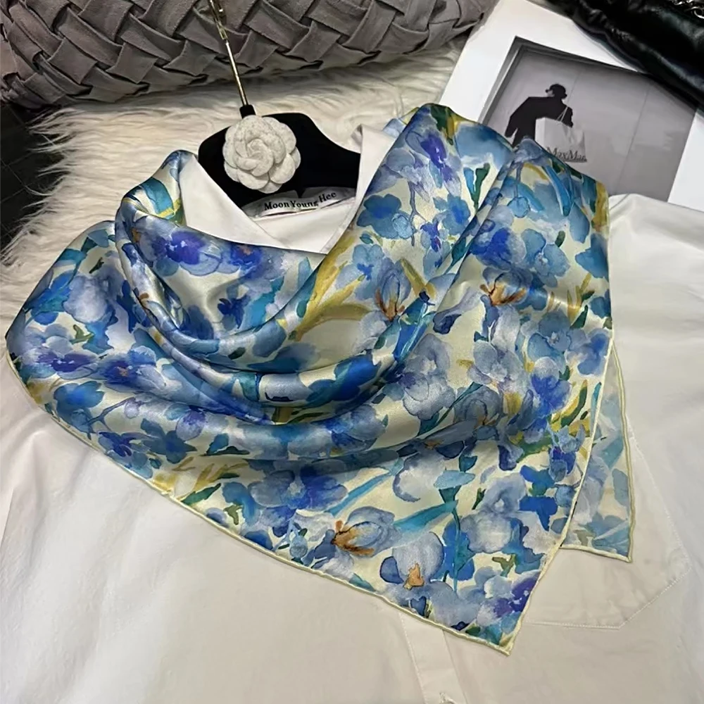 BYSIFA| White Blue 100% Silk Scarf Hijab Fall Winter Fashion Floral Design Mulberry Silk Square Scarves Head Accessories 86*86cm