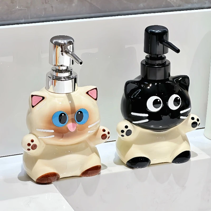Image of Niedliche Katzen-Lotionflasche Tier-Keramik-Druckspender Badezimmer Handdesinfektionsmittel Shampoo Duschgel Flasche Badezimmerdekoration