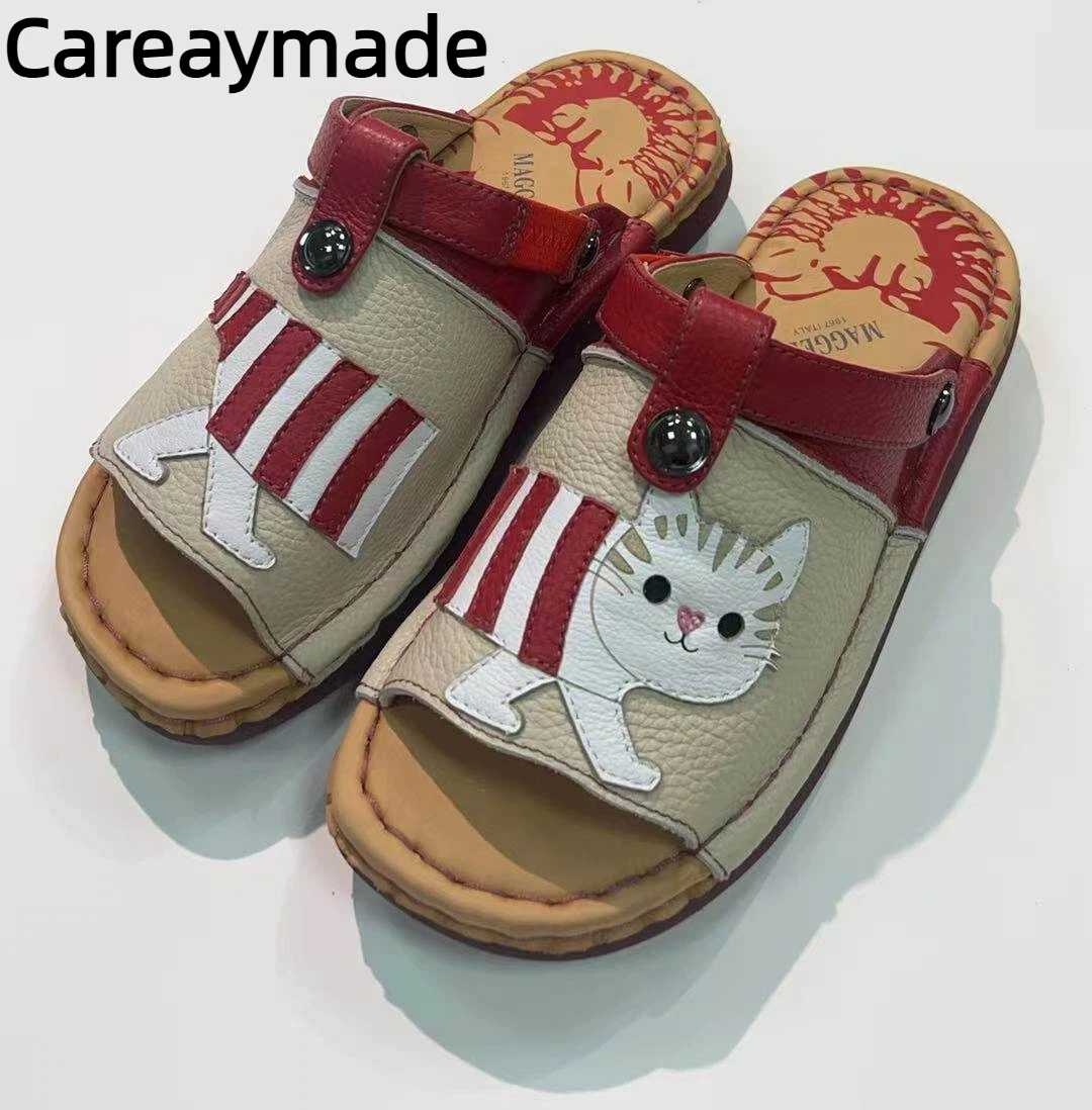 Careaymade-Genuine Leather Women's Slippers,Cartoon Style Handcrafted Patchwork Seamed Ethnic Sandals Women's Casual Footwear