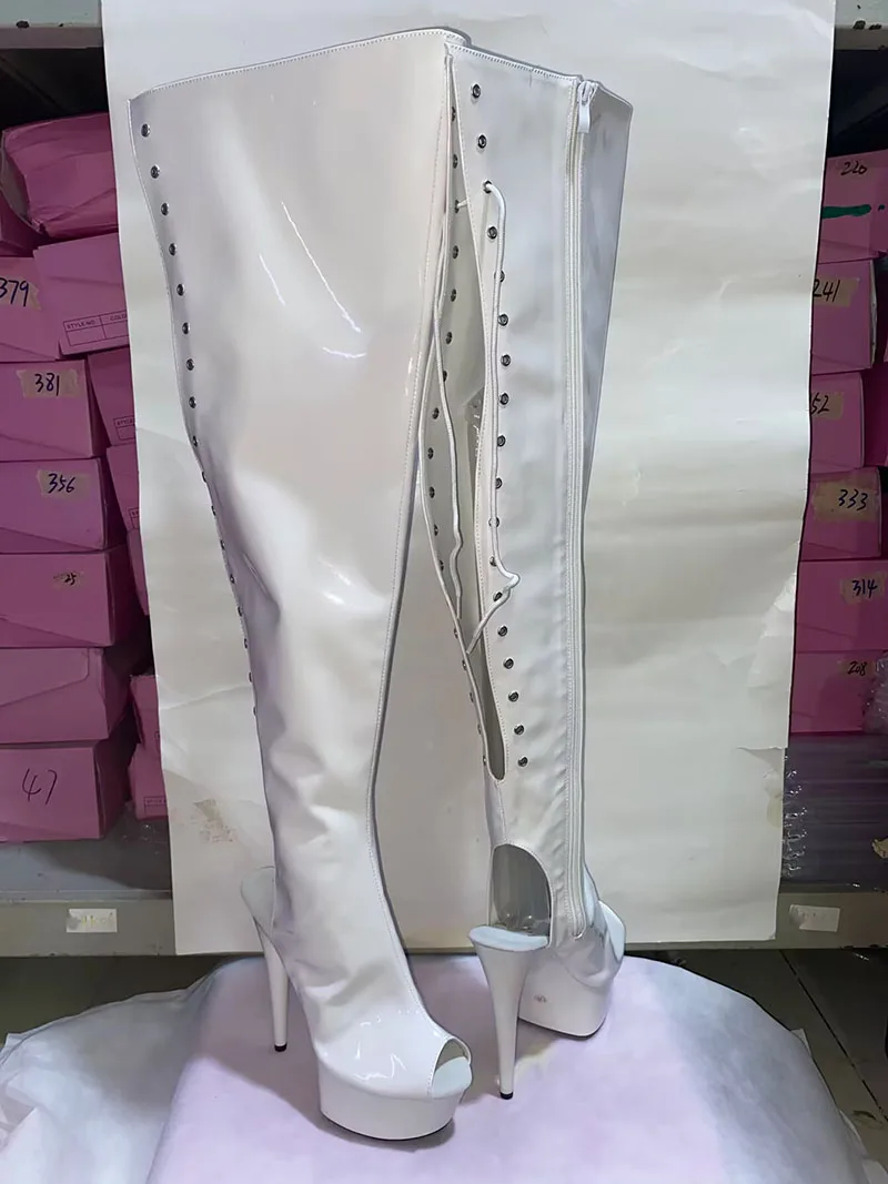 6Inch thin high heel Plus Size 12 Exotic Over The Knee Boots 15cm platform open toe women Lace Up stripper heels boots leather
