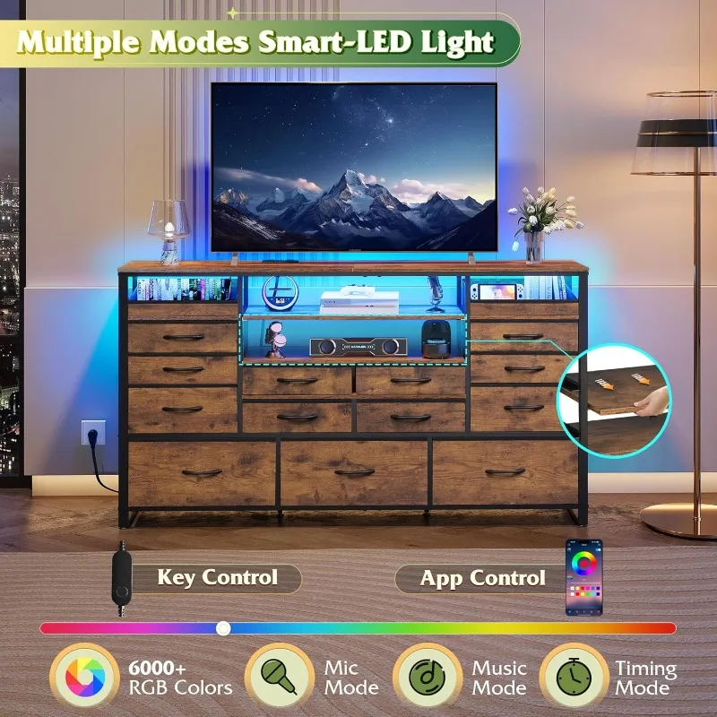 حامل تلفزيون لتلفزيون 55، 60، 65 بوصة، مركز ترفيه مع أضواء LED ومحطة شحن، طاولة وحدة تحكم وسائط التلفزيون مع 15 F