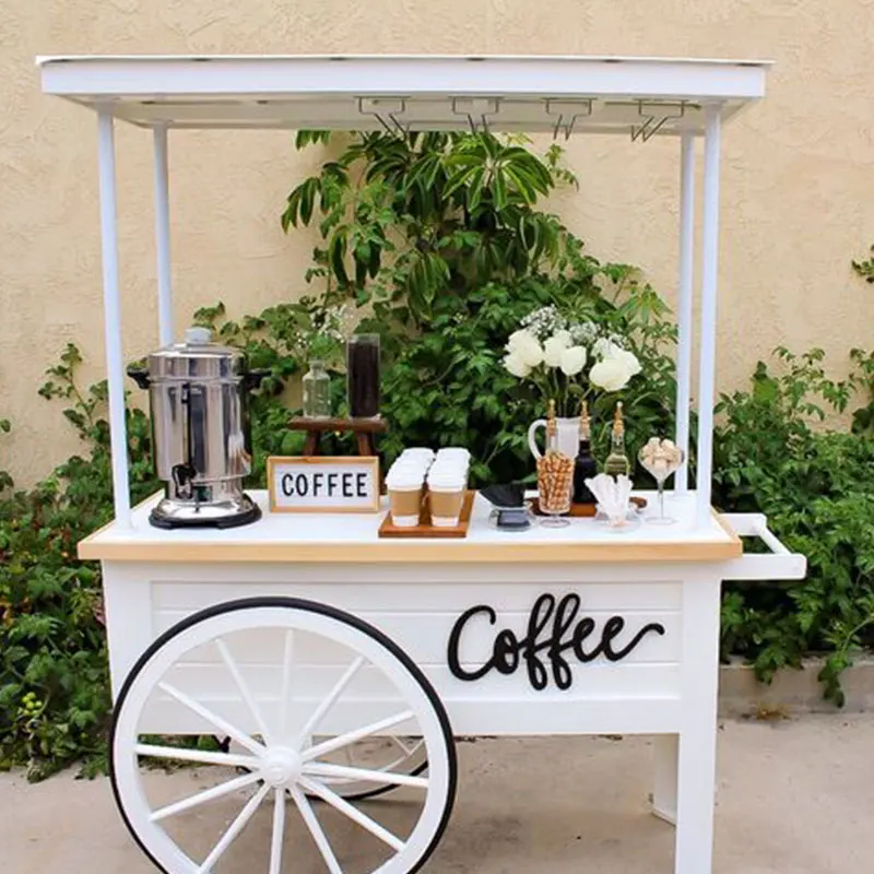 Wholesale Price Customized Metal Candy Cart Snack Beverage Service Cart Coffee Cart with Umbrella Business Sales