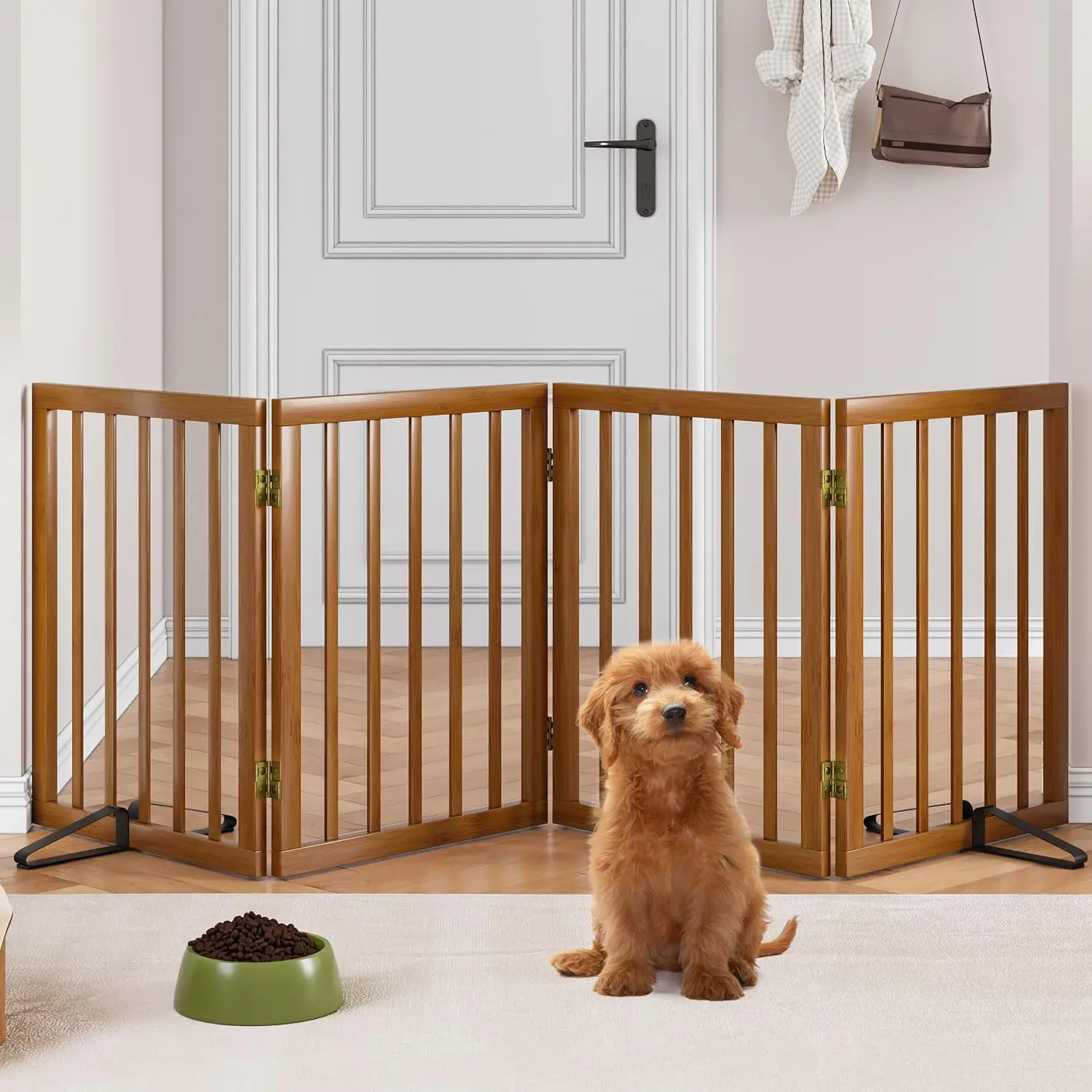 

Foldable 4-Panel Freestanding Pet Gate for Stairs and Doorways, Walnut Finish with Support Feet