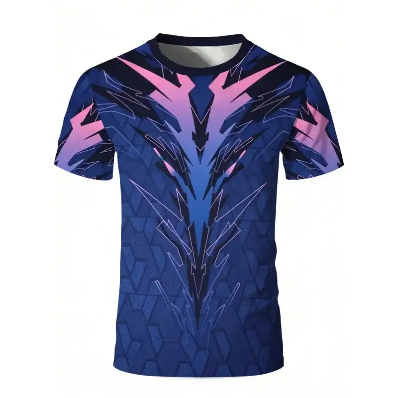 Men's Quick Dry T Shirt High Elasticity Round Neck Breathable Short Sleeve Geometric Hexagonal Gradient Pink Blue Print