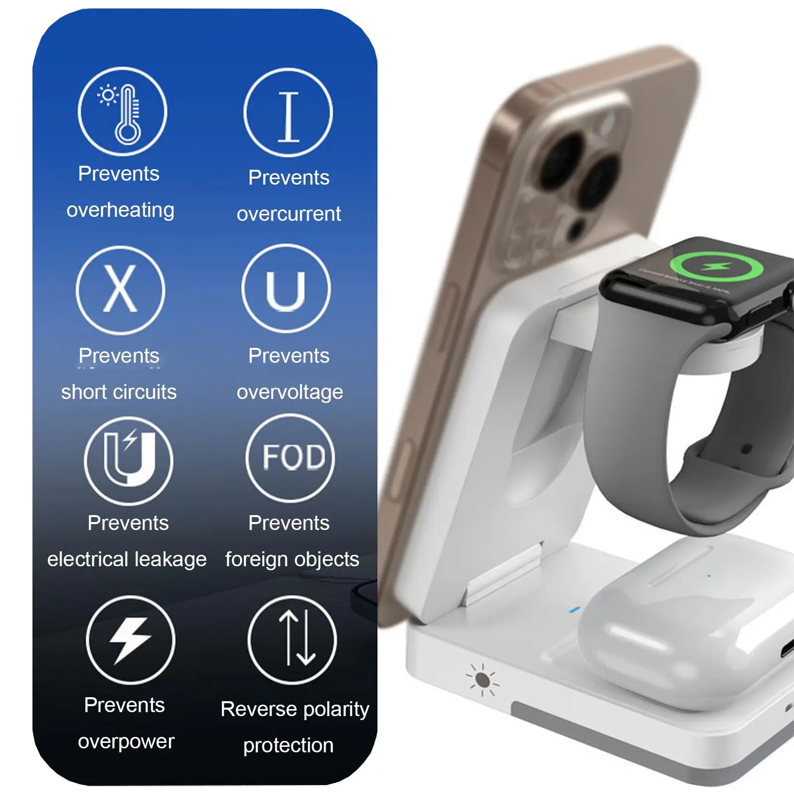 3-in-1 Foldable Wireless Charger 15W Magnetic Induction Charger Portable Travel Fast Charging Station for iPhone Watch Earphones view 4