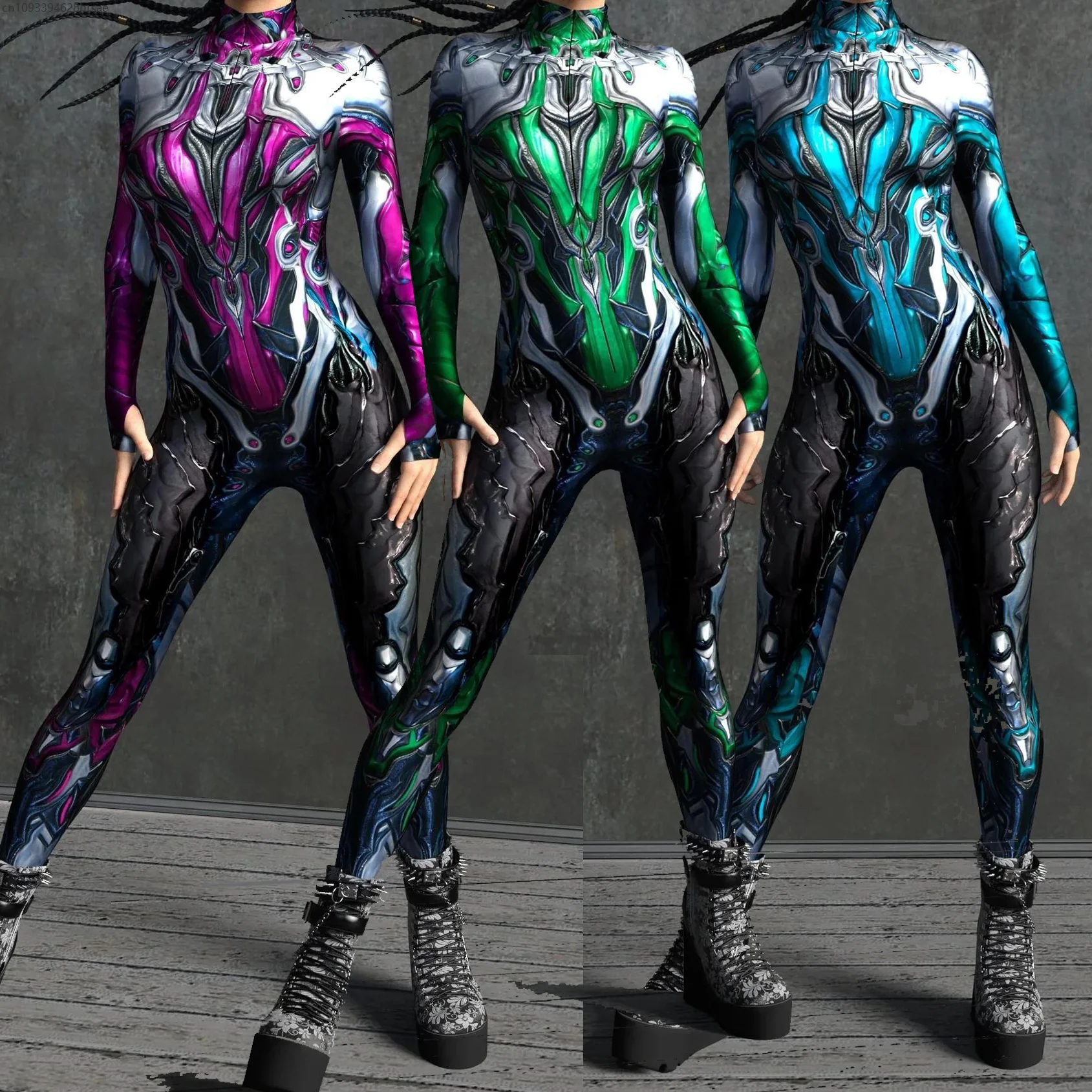 

A Women Futuristic Mechanical Armour Jumpsuit Cyber Fighter Cosplay Bodysuit Steampunk Costume Halloween Party Shows Zentai Suit