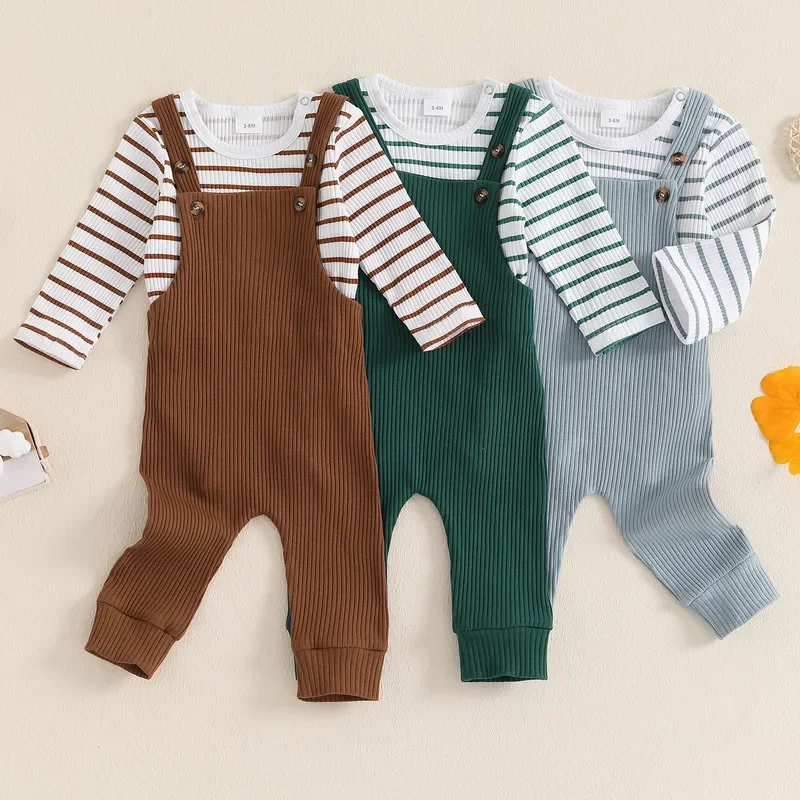 

Baby Clothing Boys Girls Spring Autumn Long Sleeve Stripes Print Bodysuit+ Overalls Clothes Set 0 to 18 Months