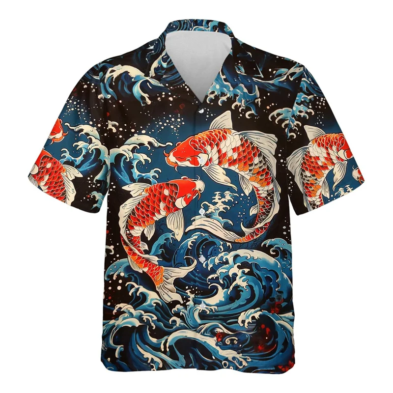 3D Printed Koi Fish Hawaiian Shirt For Men Good Luck Animal Pattern Blouses Summer Street Aloha Shirts Lapel Tops Short Sleeves