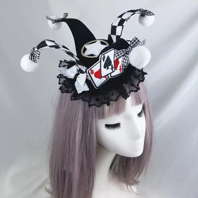 fairy-tale-circus-clown-headwear-mini-top-hat-headband-playing-card-lace-pom-pom-decor-halloween-party-costume-hair-accessory