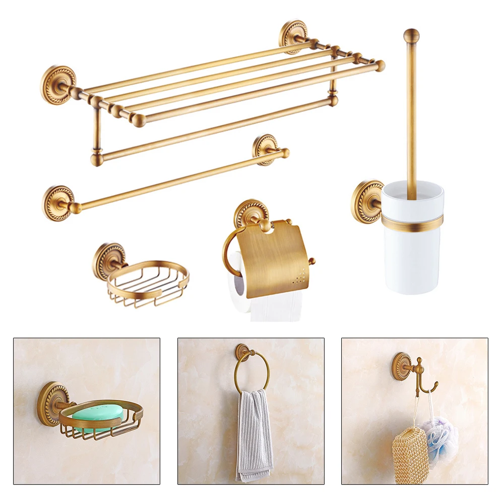 

7x Retro Gold Bathroom Hardware Accessories Set Copper Toilet Paper Brush Holder Shower Ring Soap Towel Storage Rack Wall Mount