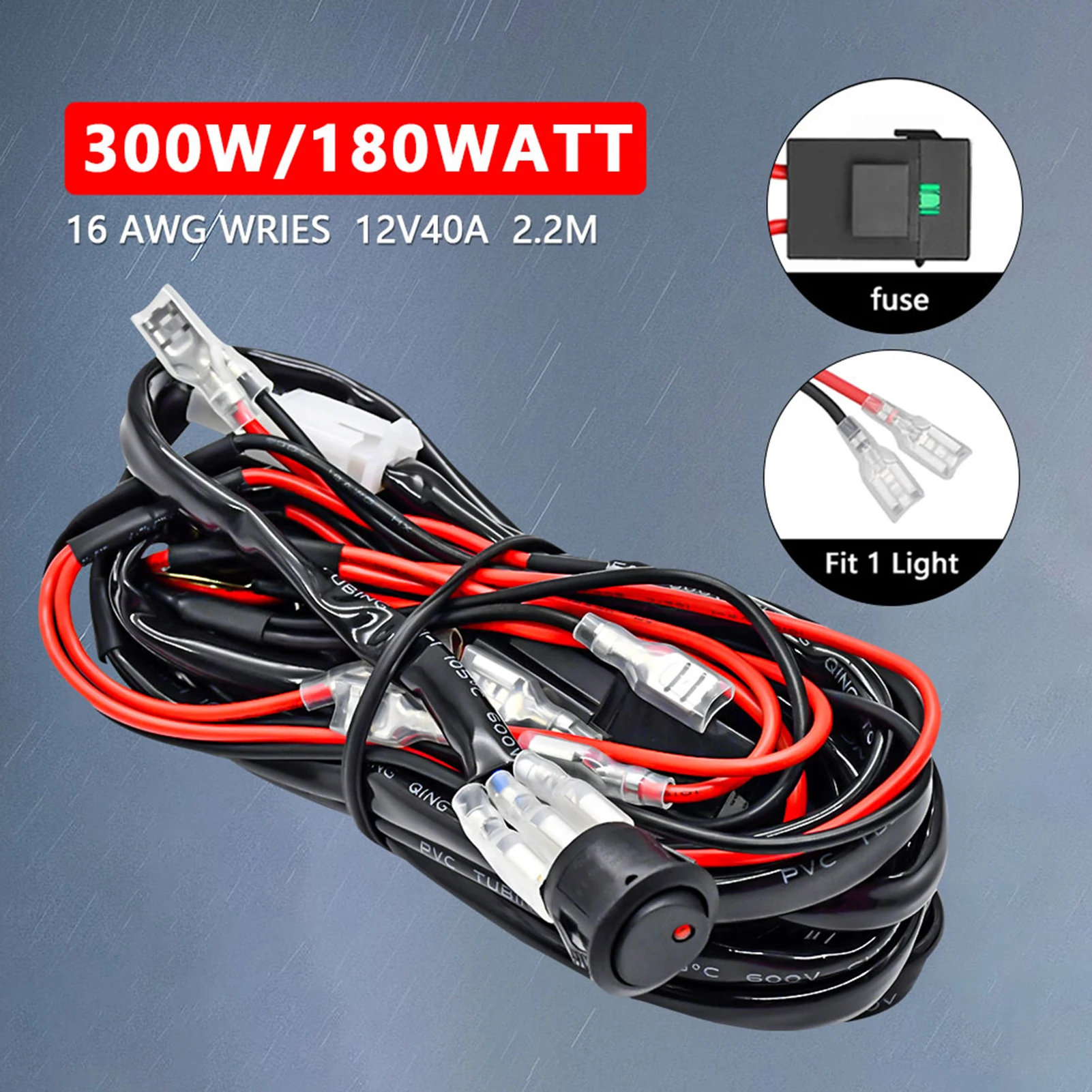 LED Light Bar Wiring Harness Kit, 300W Universal LED Work Light Bar Wiring Harness 12V 40A for Off-Road Vehicles Fit 2 Light