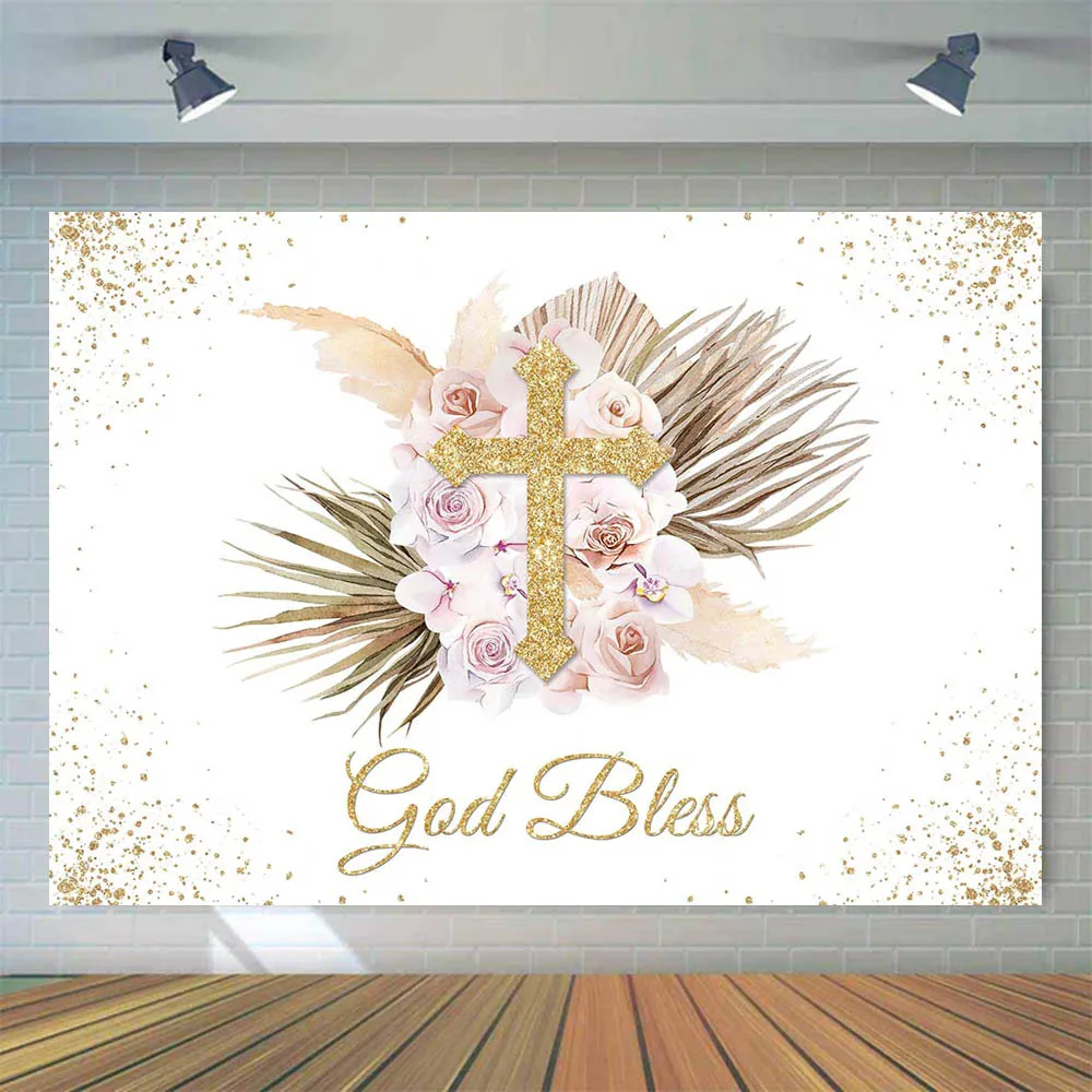 Mocsicka Baby Baptism Backdrop Cross God Bless Pampas Grass Newborn Photography Background Girl First Communion Party Photoshoot