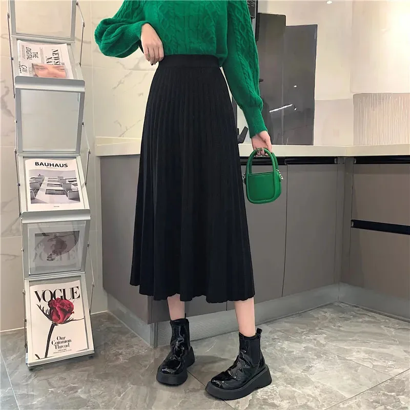 Hdspq Winter Woman Pleated Knitted Skirt Casual Solid Color High Waist Long Skirts Women Simple Loose Elastic Waist Skirt Ladies