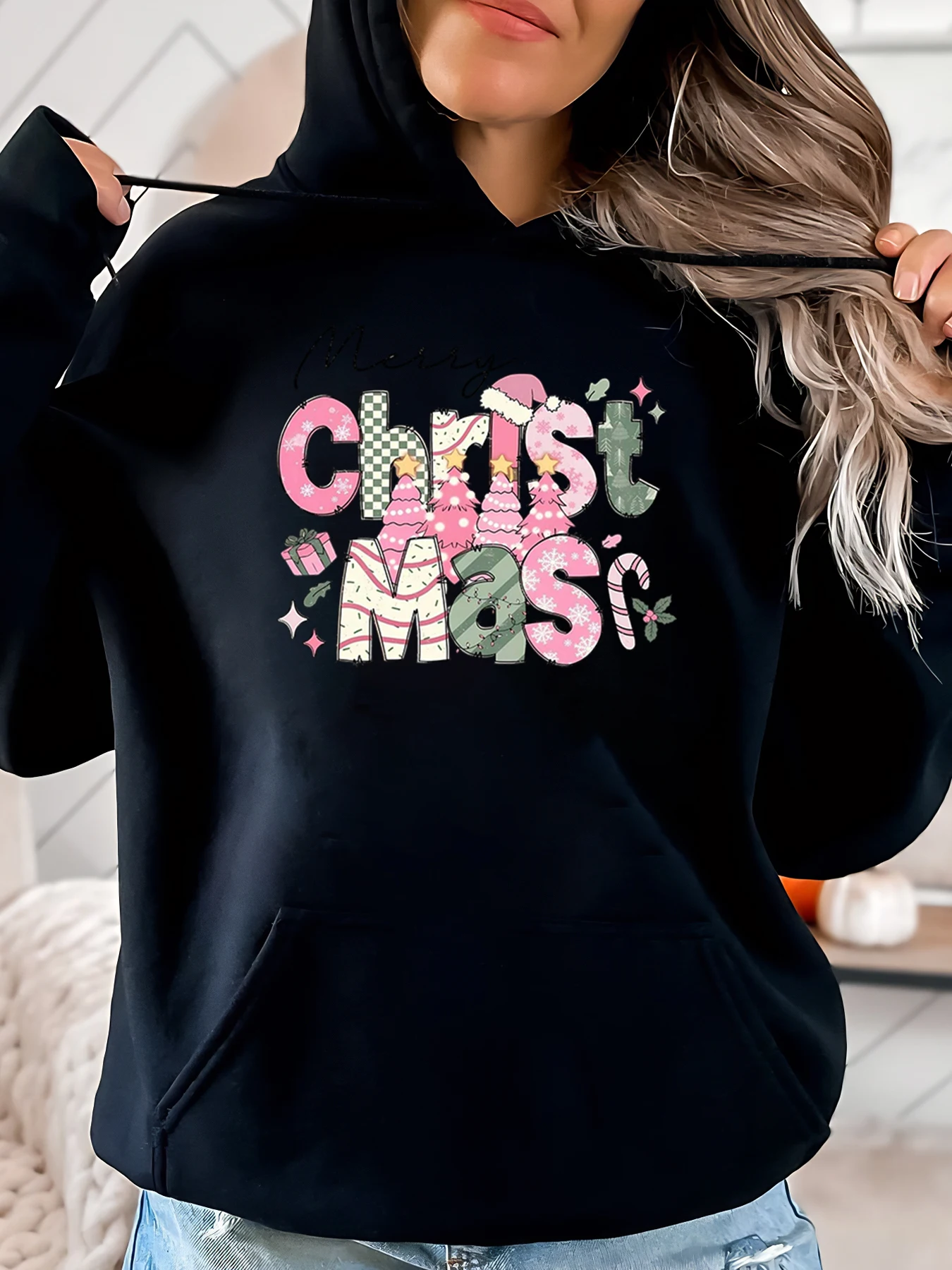 

Рождественская елка с принтом конфетной трости, рождественская толстовка с капюшоном, женская повседневная зимняя праздничная одежда, черный размер больших размеров