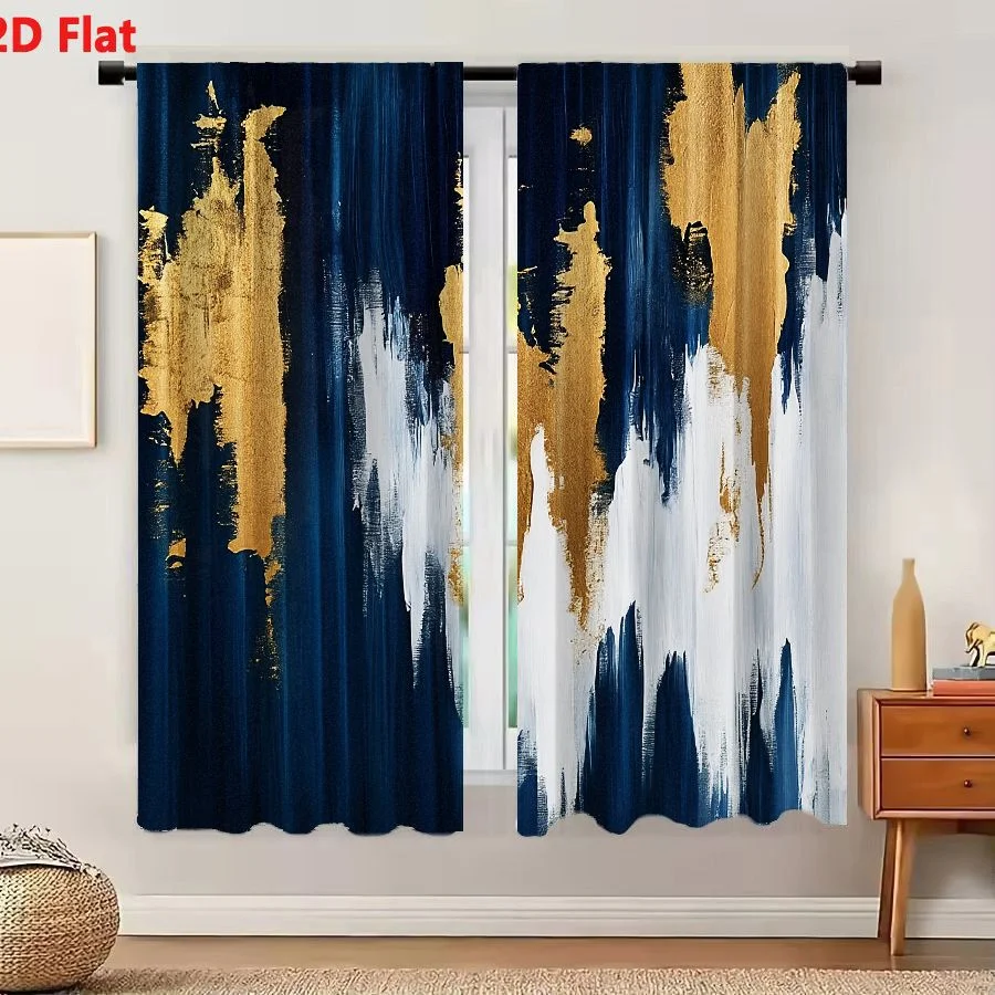2Pcs Curtains 2D Flat Bold Abstract Painting With Deep Navy Blue Metallic Gold And Bright White Vertical Brushstrokes Window Dra