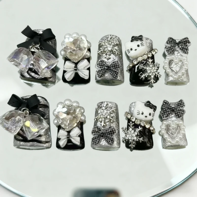 

Оригинальные накладные ногти ручной работы, черные, серебряные блестящие накладные ногти с декором Hello Kitty Heart Diamond Bowknot, роскошный набор утиных ногтей