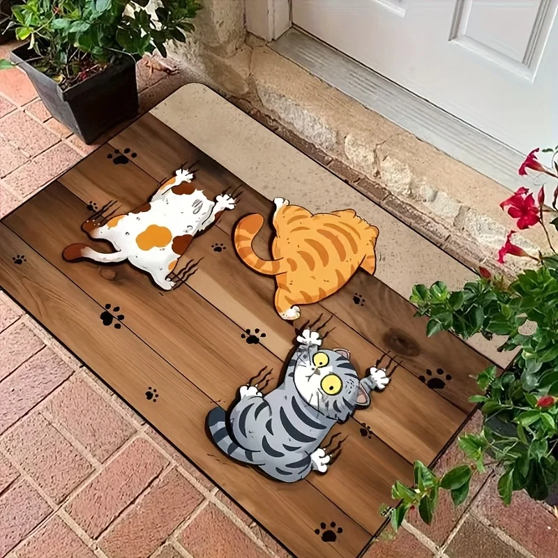 Cute Dog Cat Pet Animal Cartoon Wooden Doormat Welcome Mat Rustic Wood Look Entry Rug for Home Hallway Kitchen Bathroom Decor