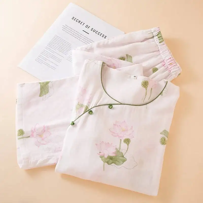 

Комплект бамбуковых хлопковых пижам в национальном стиле, женские весенне-летние тонкие женские наряды с рукавами девять четвертей