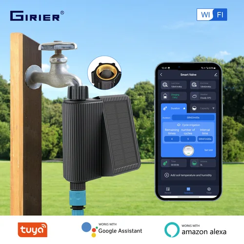 Imagen 1 del producto GIRIER-Temporizador de agua inteligente, controlador de riego automático con entrada de latón, WiFi, alimentado por energía Solar, No requiere concentrador