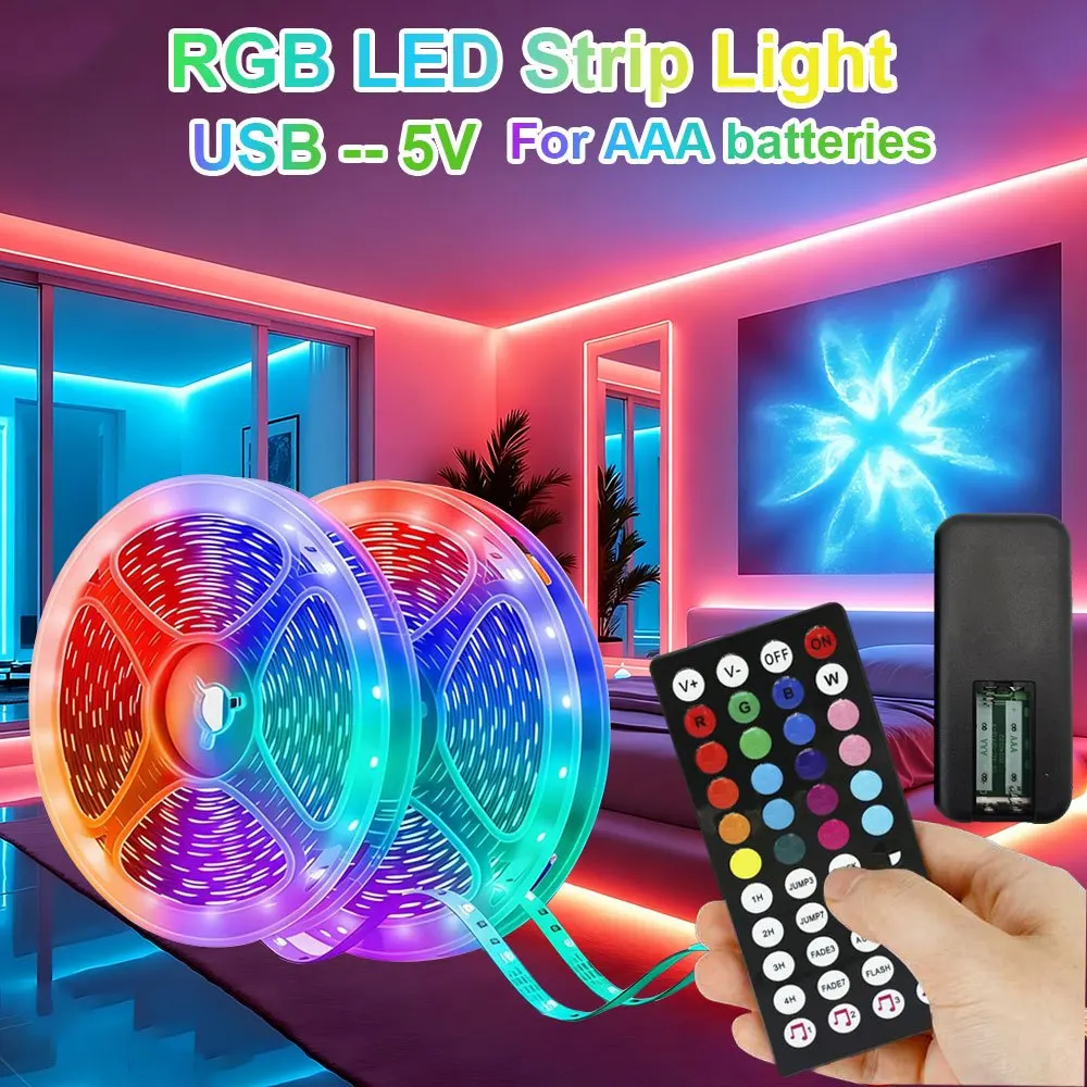 RGB LED Strip Lights with 44Key Remote (Infrared)& Music Sync USB-Powered Cuttable Lighting Capable of Changing Modes, Suitable