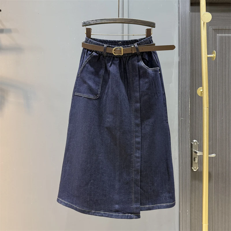 

Washed retro high waisted elastic waist irregular denim skirt women's autumn new A-line slimming middle length skirt