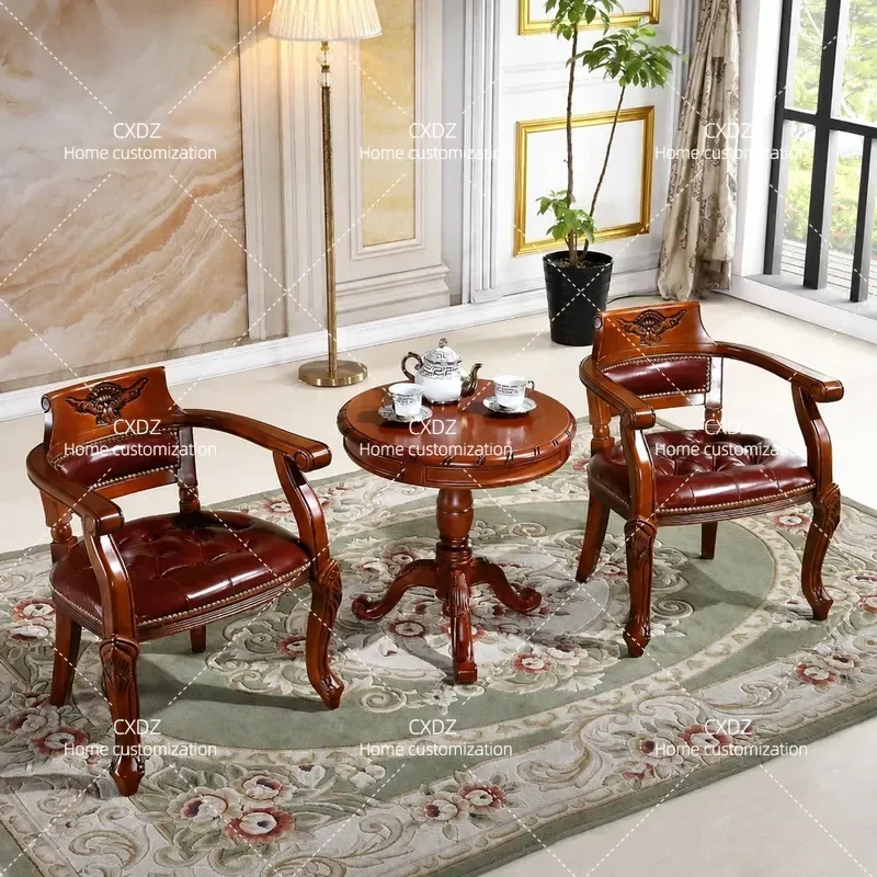 Retro Casual Leather Dining Chair with Solid Wood Frame Armrest Back Support for Home Study Office Restaurant Furniture
