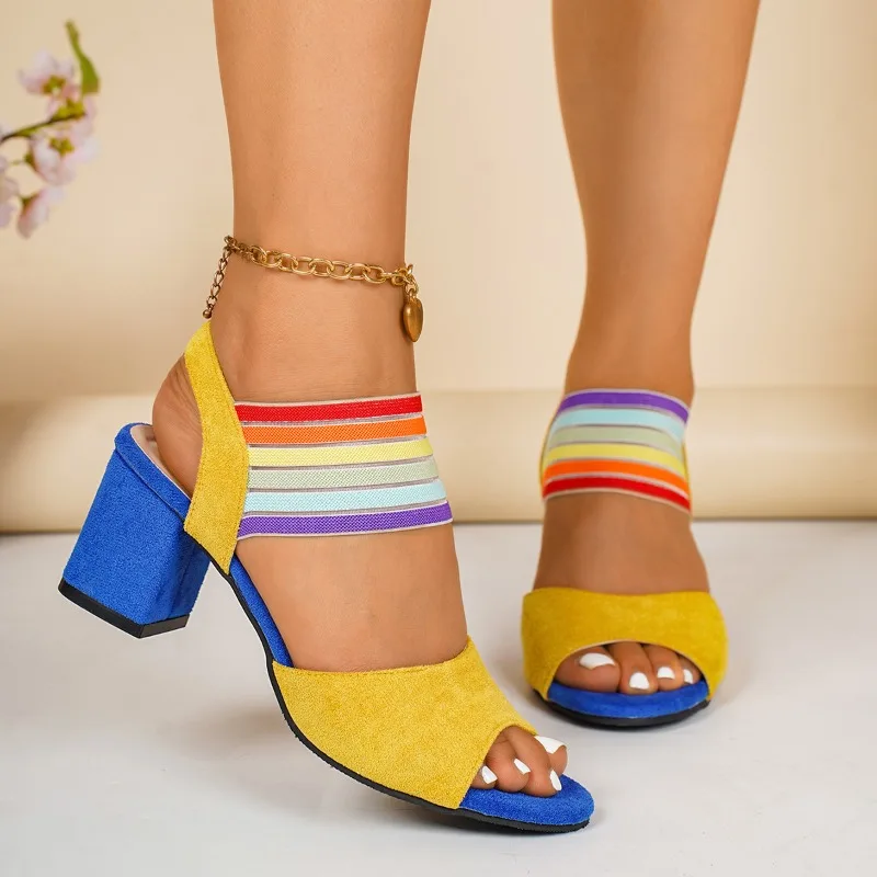 Women Striped Elastic Ankle Strap Sandals 6cm Block Heel Open Toe Slingback Soft Sole Party Dress Casual Daily High Heels