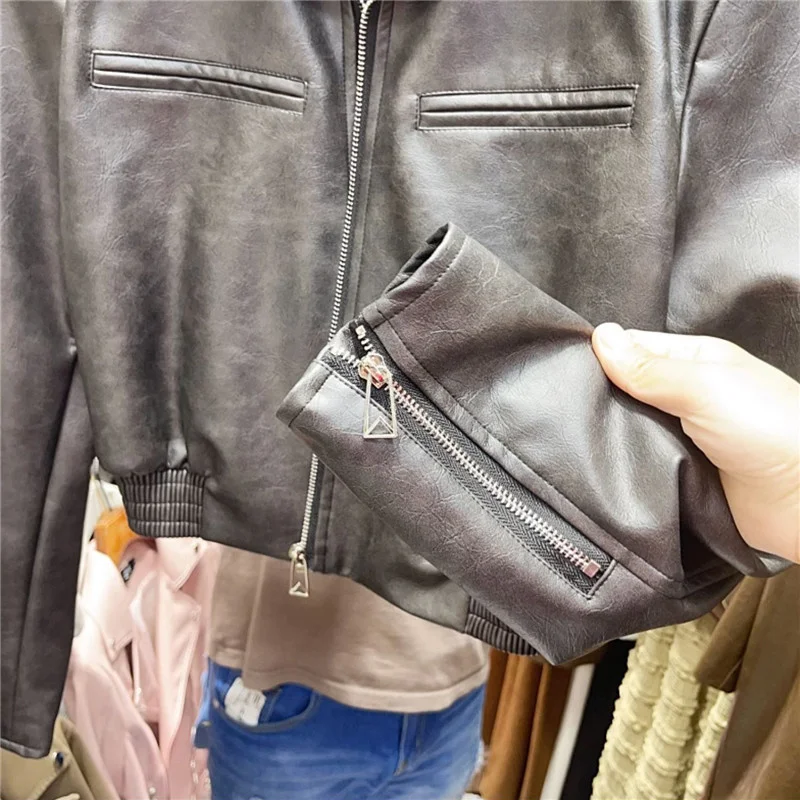 Veste de motard en faux cuir PU pour femme, manteau court mince coréen, fermeture à glissière à revers, manches longues, streetwear noir ingent, printemps et automne