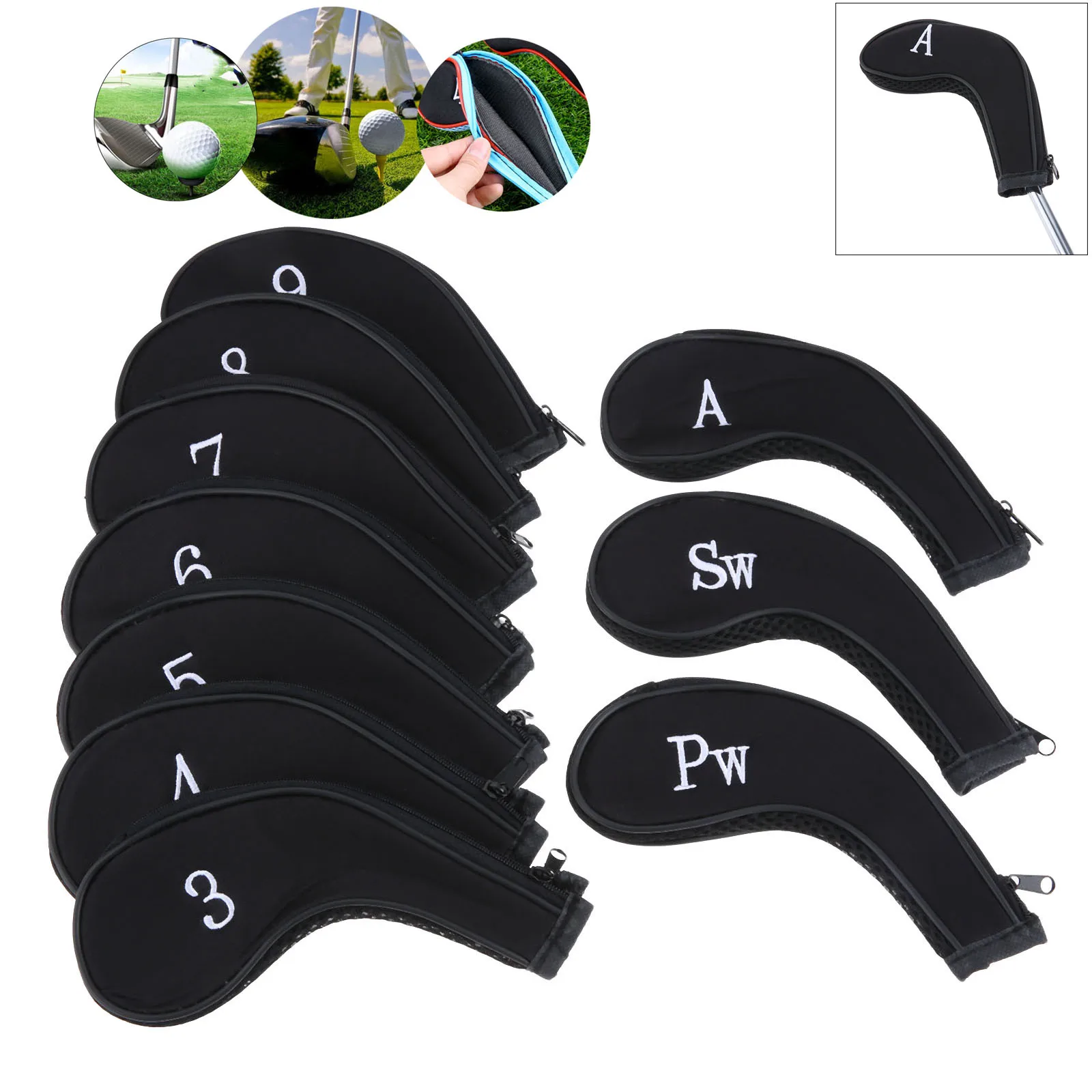 

10Pcs Black Golf Club Heads Cover Case Golf Iron Headcover Protect Set Number Printed w/ Zipper Headcovers for 3-9 Irons Wedges