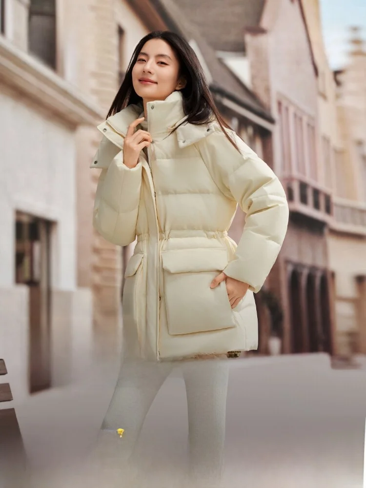 

Новая женская утепленная повседневная куртка Bosideng с отстегивающимся капюшоном, на талии с завязками, короткая, теплая, модная городская модель