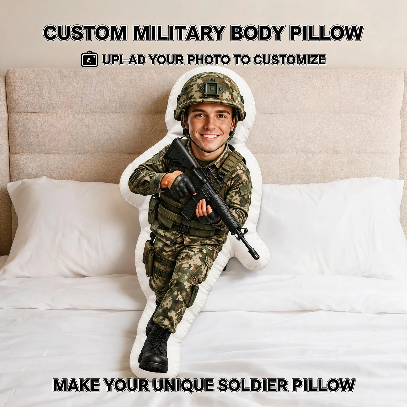 Custom Photo Military Style Shaped Pillow, Personalized Soldier Uniform Decorative Cushion, Unique Home Decor Accent for Sofa &