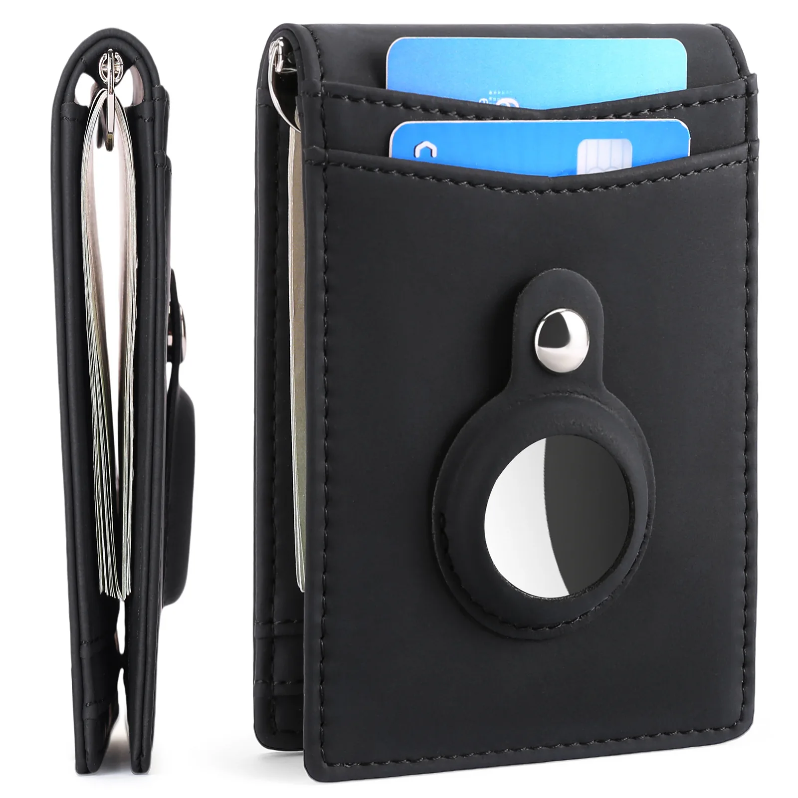 Leather Mens Wallet with Money Clip and Airtags Holder Mens Front Pocket Wallet with Money Clip