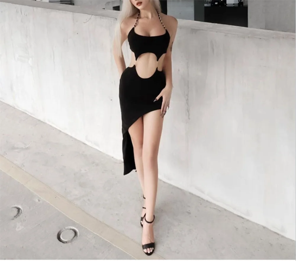 Sexy Hi-Lo Black Bar Prom Party Dress With Chain Sexy Hollow Back Side Split Hot Girl Evening Dress Streetwear Robe De Mariée