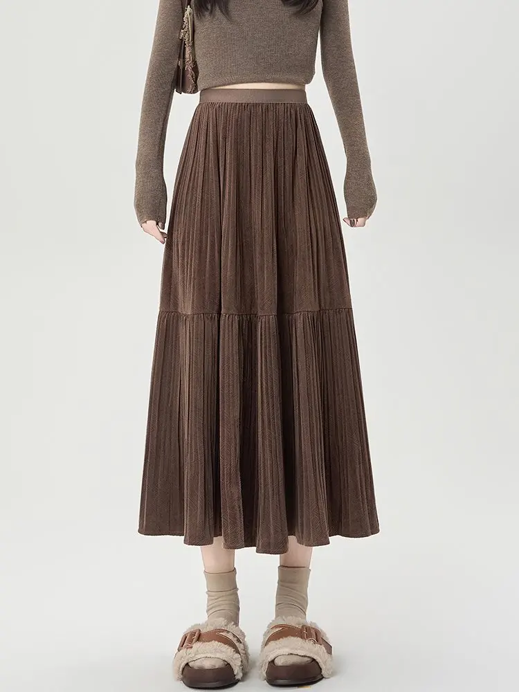 القهوة الخريف الشتاء طيات عادية القطيفة ميدي تنورة للنساء فضفاضة الخصر مكتب OL ألف خط المخملية التنانير الطويلة سيدة