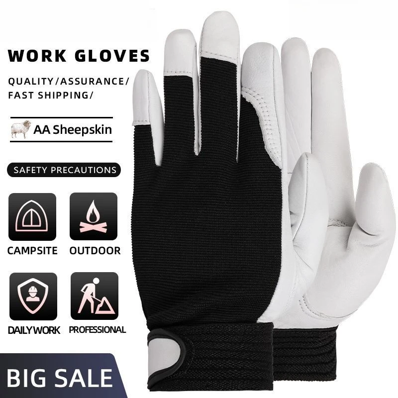 Sheepskin Leather Protective Work Gloves Heavy-Duty Breathable for Rope Work Delivery Motorcycle Fishing & Mountain Hiking