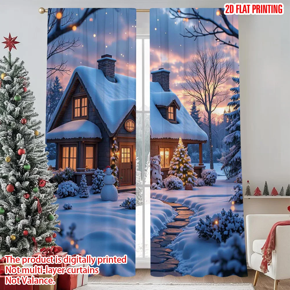 

2pcs 2D flat printing Merry Christmas Popular Party Window Curtains Red huts and snow scenes 100% Polyester Without Electricity